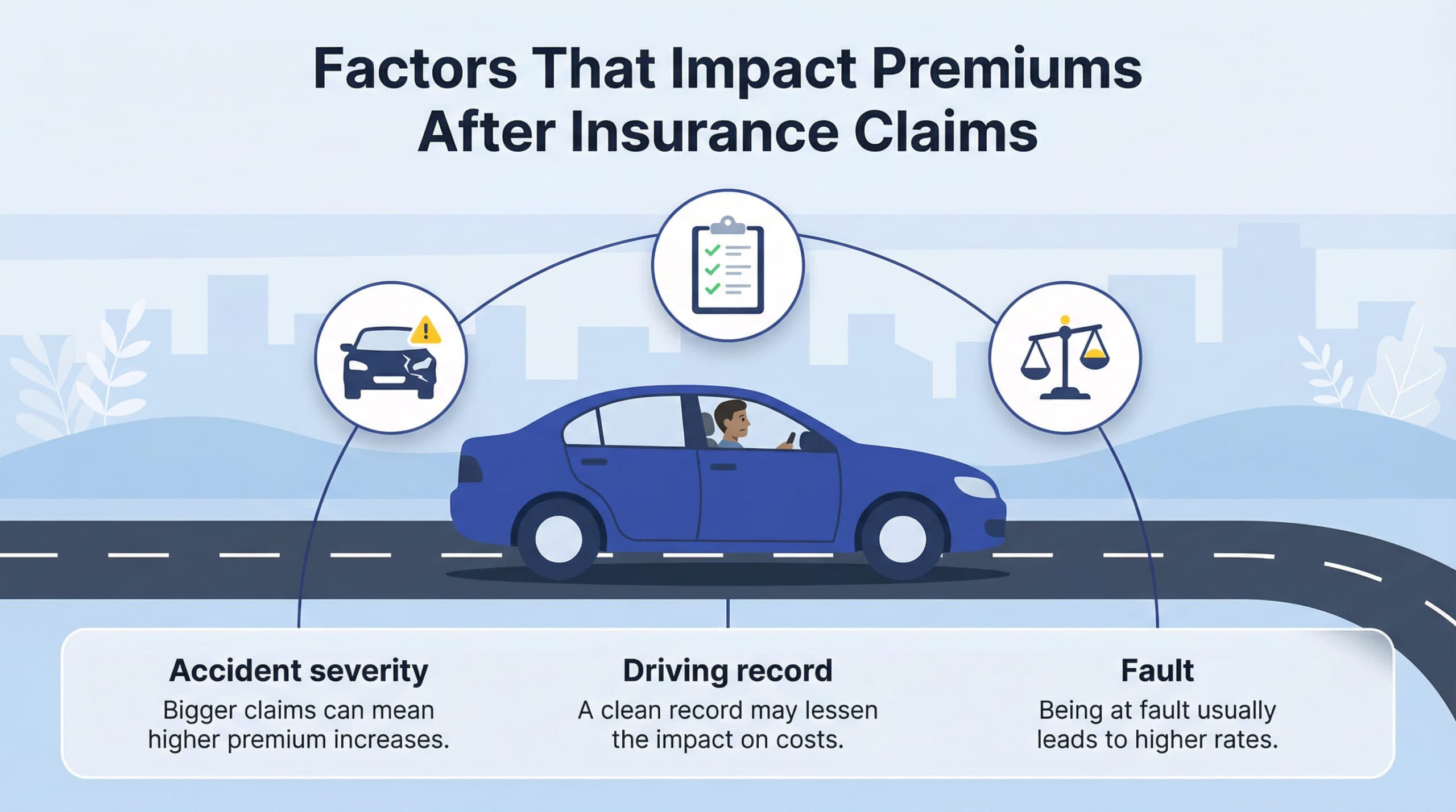 Infographic showing Factors That Impact Premiums After Insurance Claims with icons for Accident severity, Driving record, and Fault.