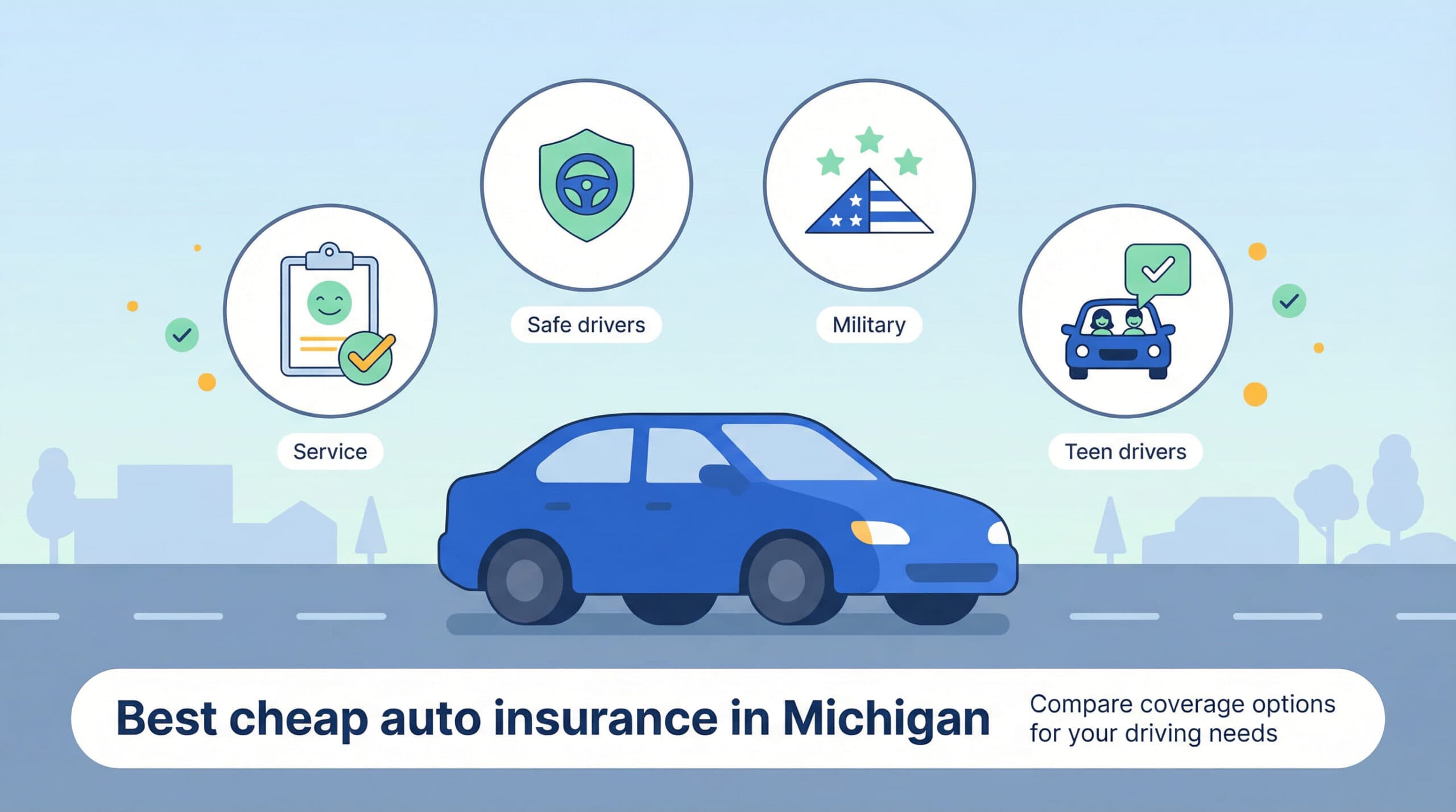 Illustration of a blue car with four icons above it for Service, Safe drivers, Military, and Teen drivers, below text reads Best cheap auto insurance in Michigan and Compare coverage options for your driving needs.