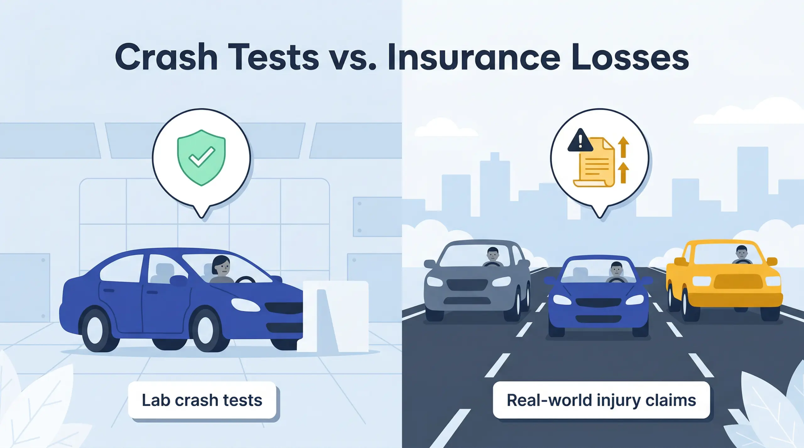 Illustration showing a car passing lab crash tests but facing higher real-world injury claims on the road.