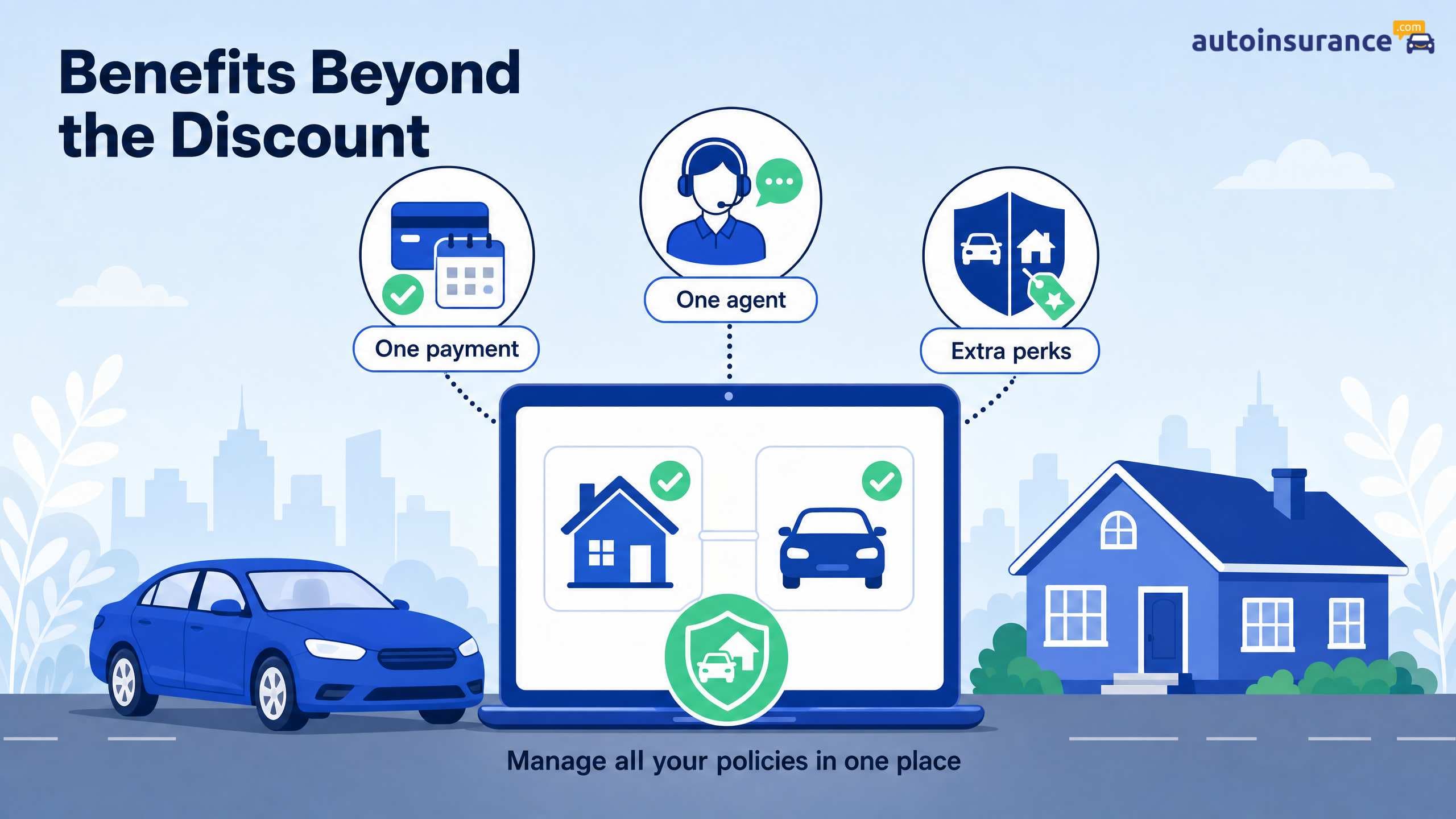 Illustration showing benefits of bundling insurance like one payment and one agent via a laptop.
