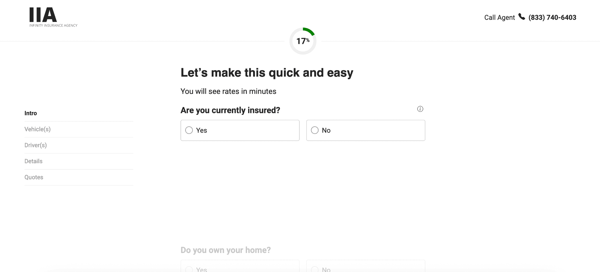 Infinity quote form, asking "Are you currently insured?" with Yes and No options.