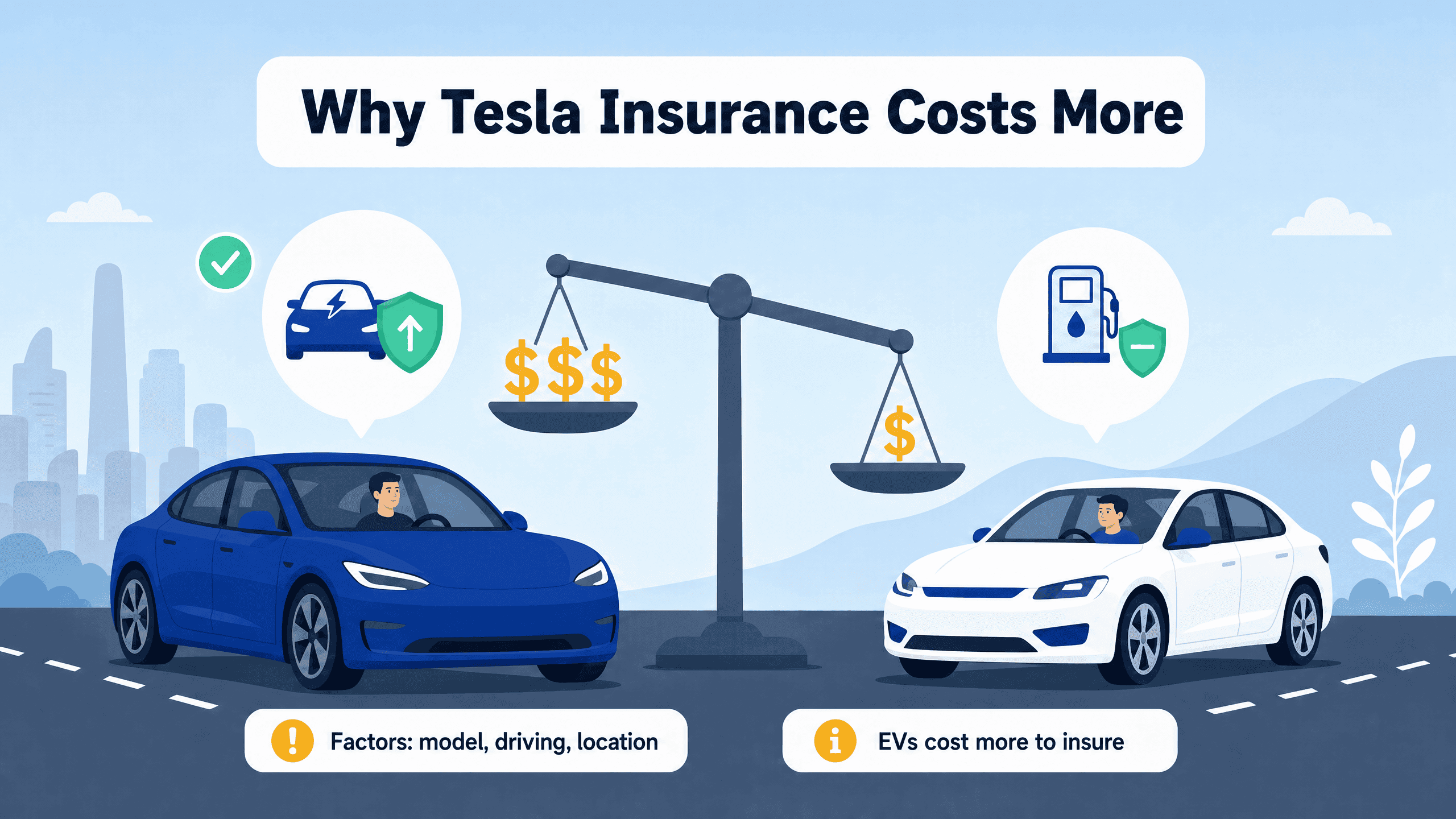 Illustration comparing high insurance costs of electric vehicles versus gas cars on a scale.