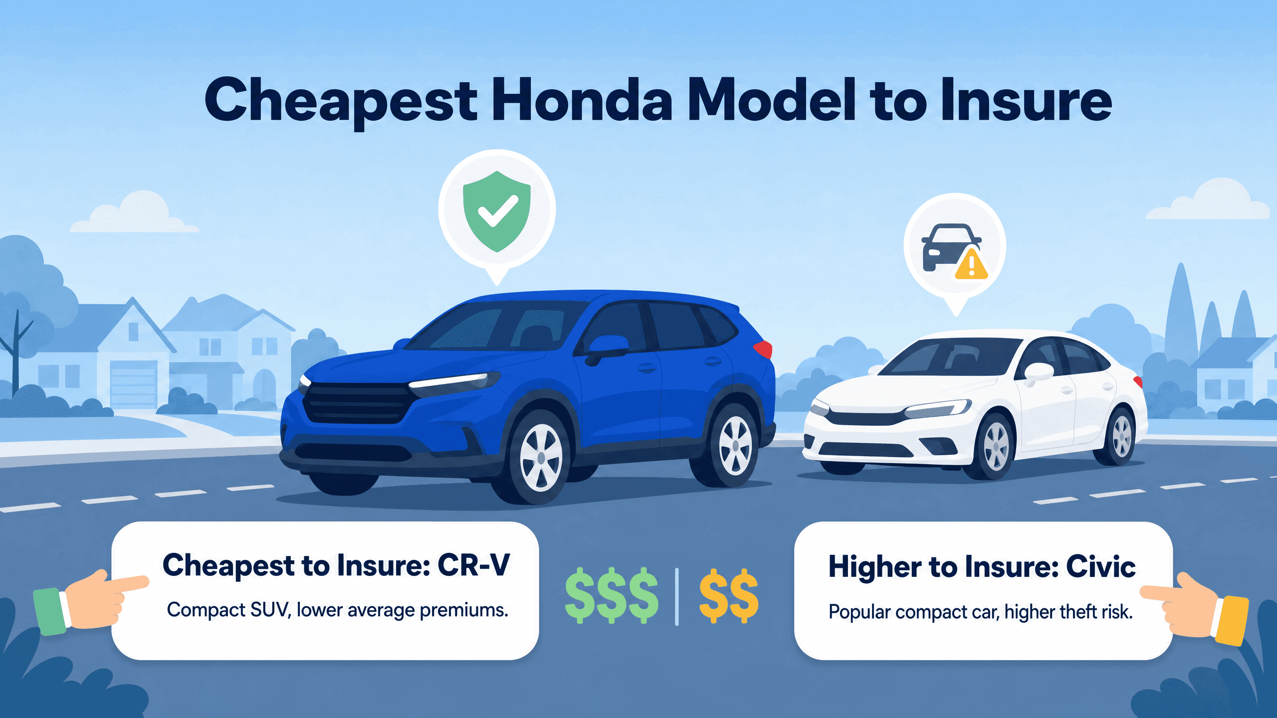 Illustration comparing a blue Honda CR-V and a white Honda Civic regarding insurance costs.