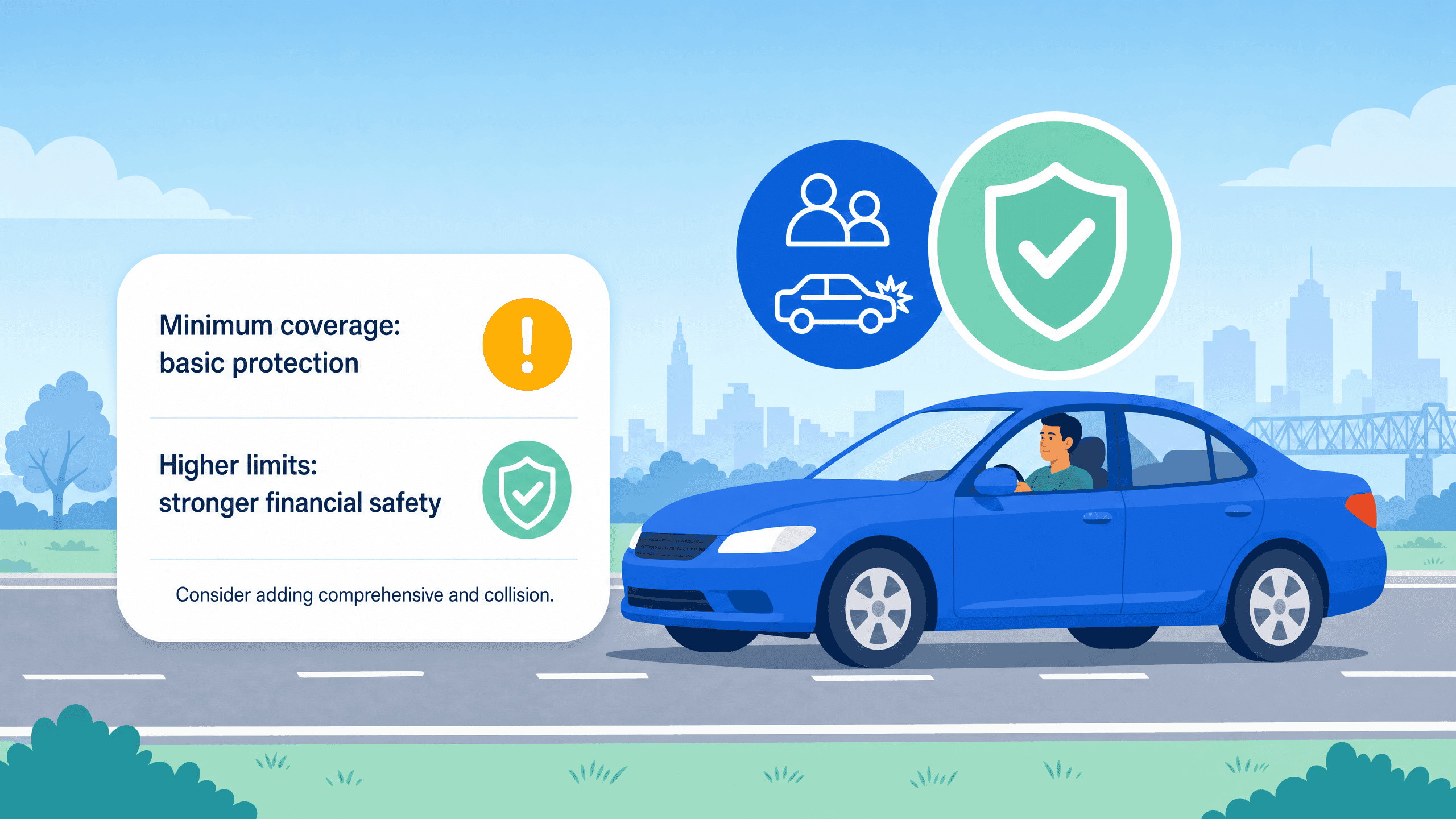 Illustration comparing minimum car insurance coverage against higher limits for financial safety.
