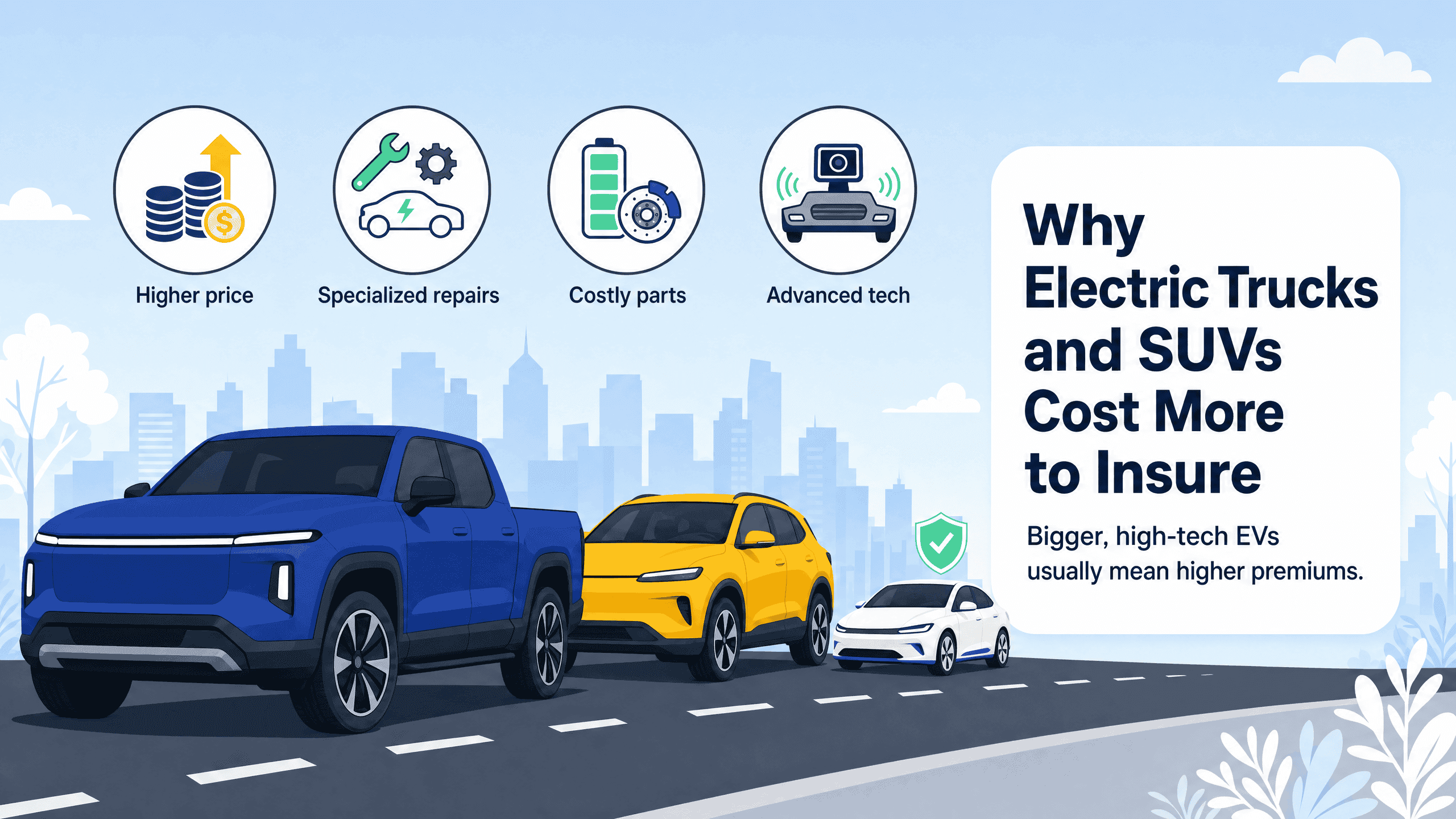 An infographic showing that electric trucks and SUVs have higher insurance costs due to four factors.
