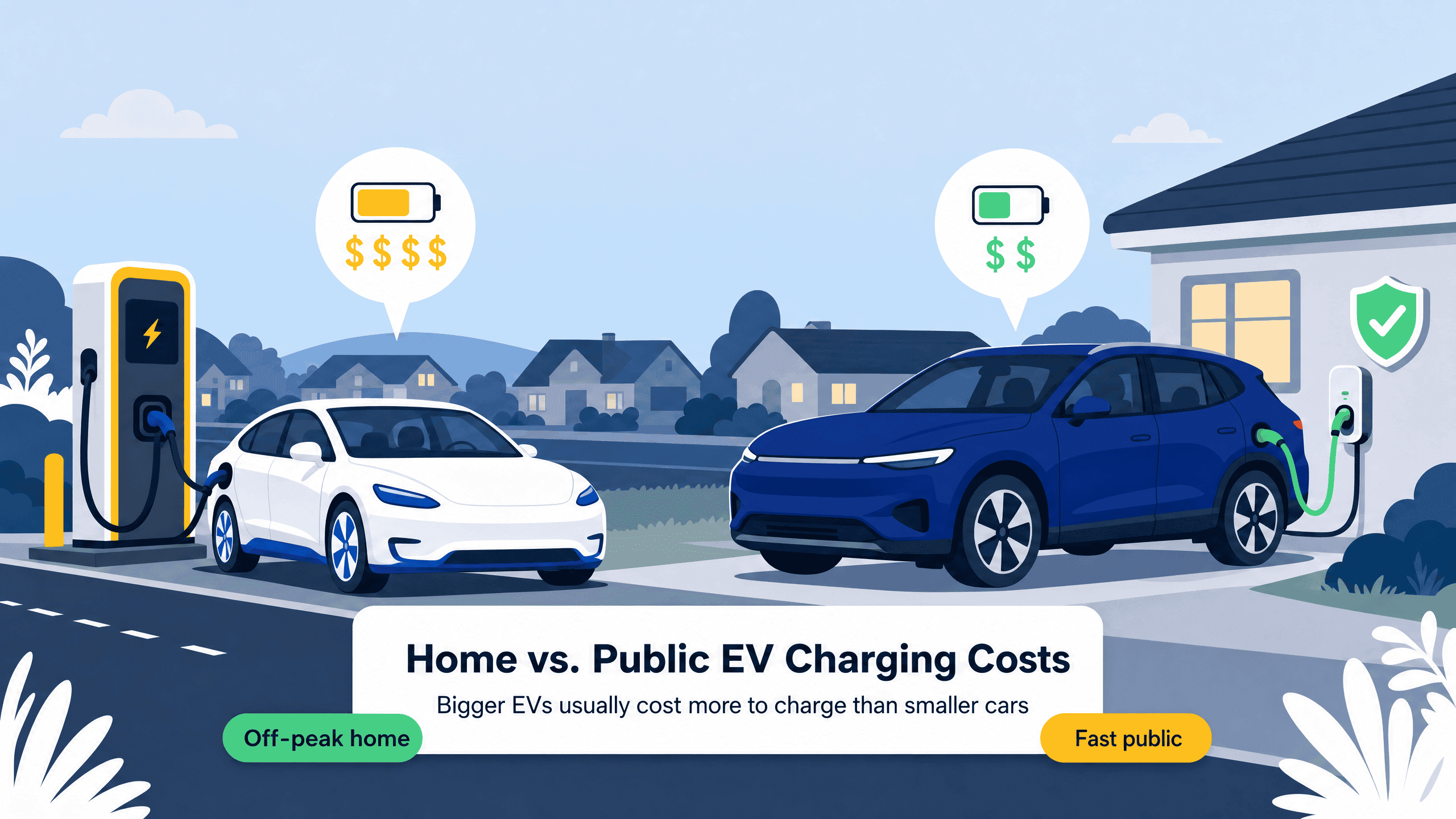 Illustration comparing an electric car at a fast public charger to one at home.