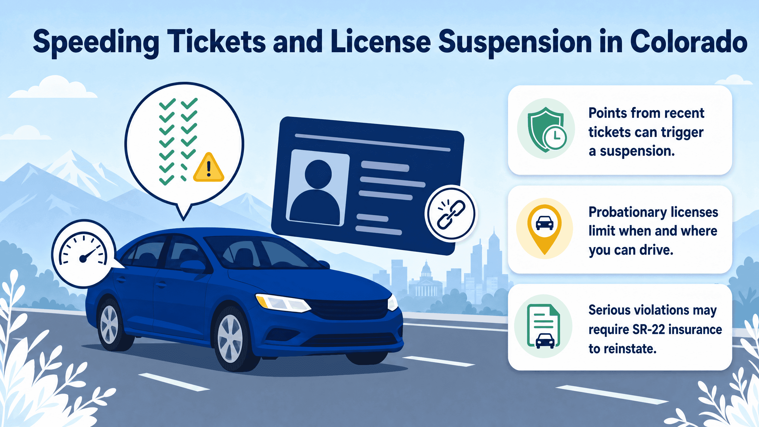 An infographic showing a blue car and a driver license indicating points consequences in Colorado.
