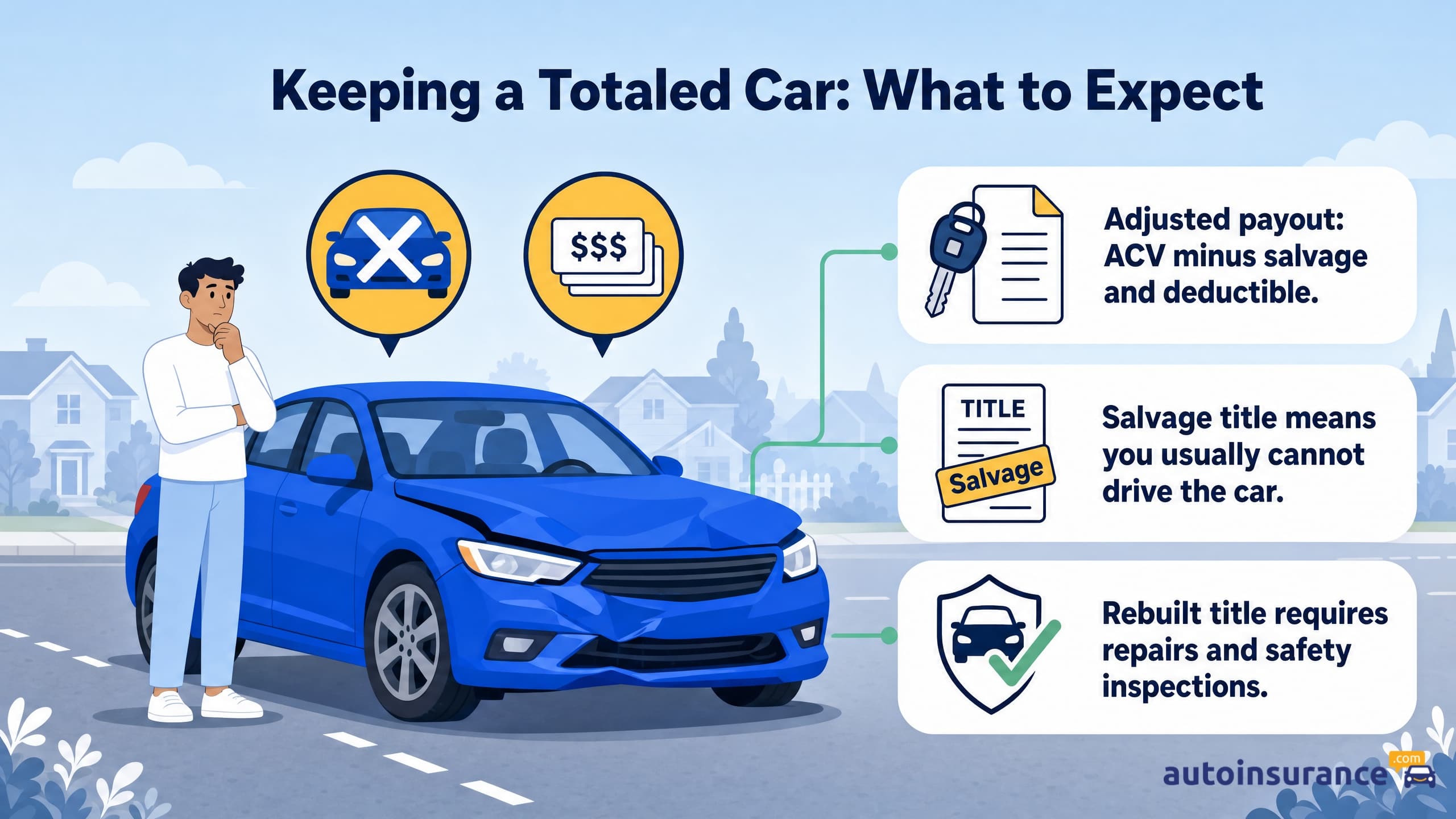 An infographic showing the steps and implications of keeping a totaled vehicle.