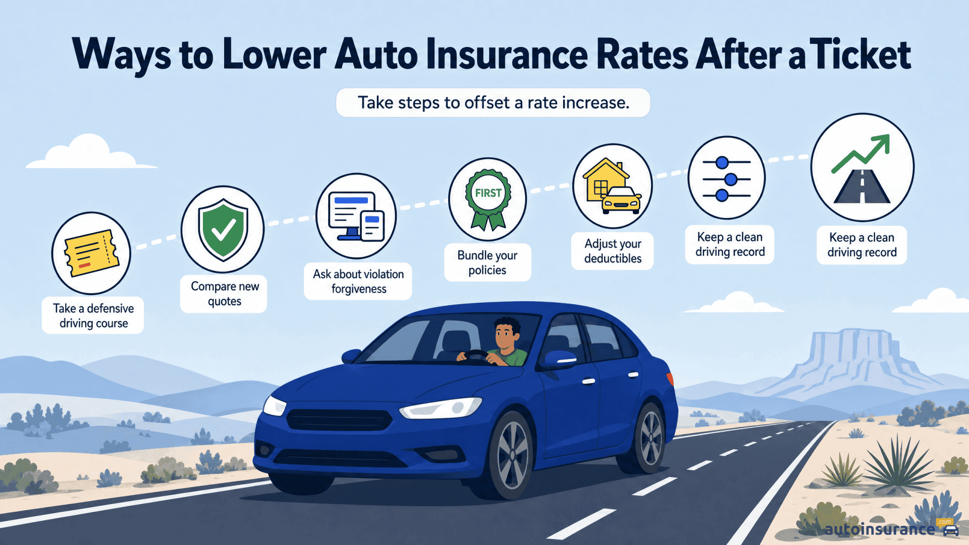 An infographic showing steps to lower car insurance costs after receiving a traffic ticket.