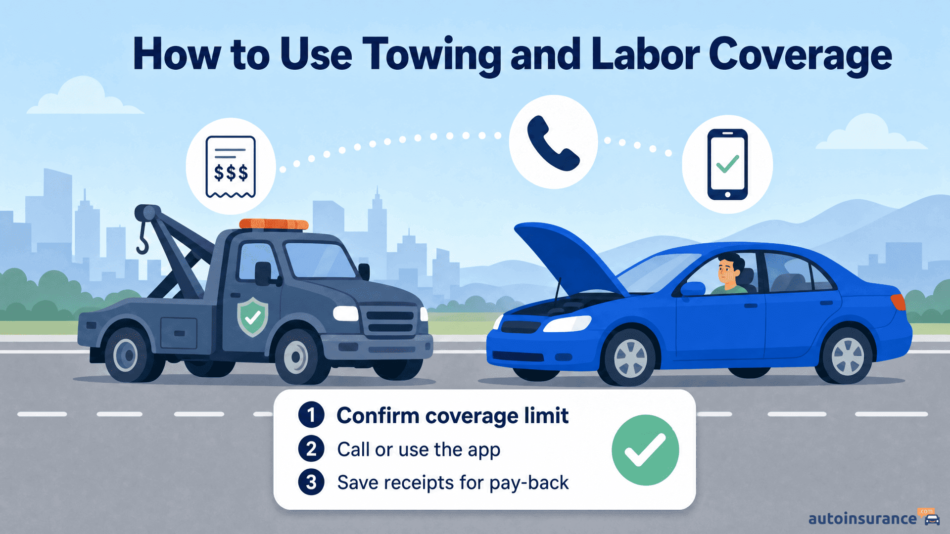 An infographic showing steps to request roadside assistance for a broken down car.