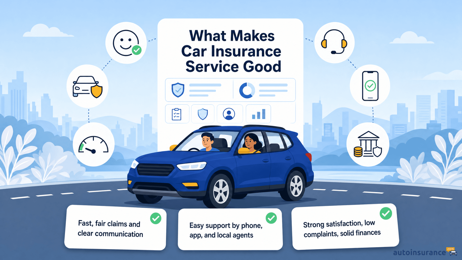 Illustration showing factors that contribute to excellent car insurance customer service.