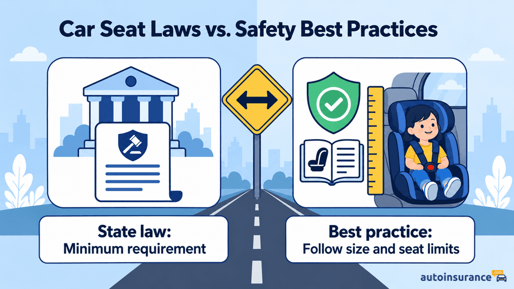A comparison of state car-seat laws, shown with a courthouse, and safety best practices, represented by a properly restrained child, instruction manual, height ruler, and protective shield.