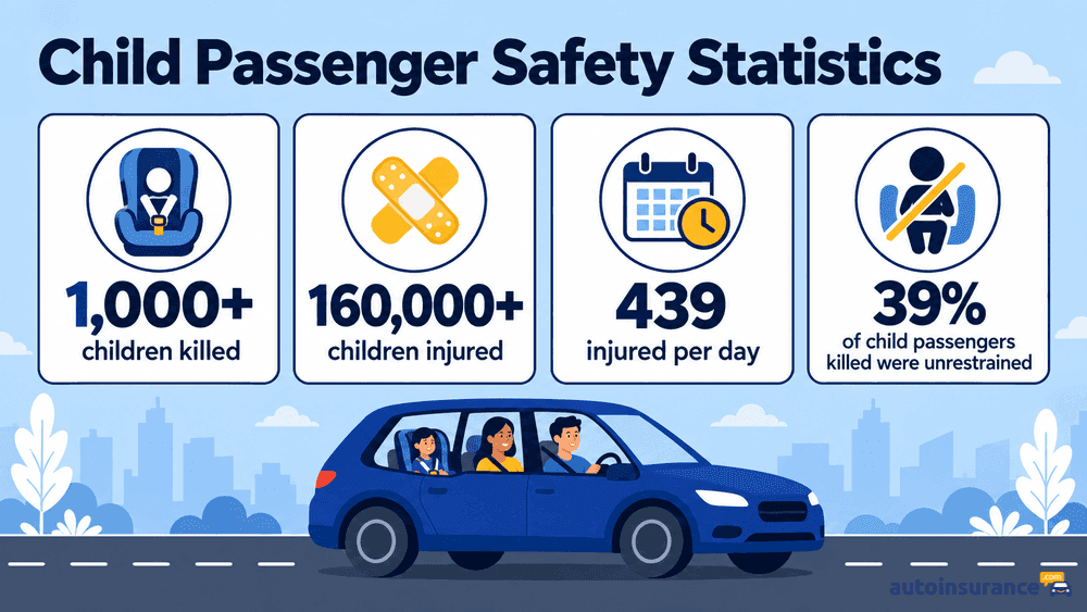 An infographic showing that more than 1,000 children were killed and 160,000 were injured in traffic crashes in 2024, with 439 injured per day and 39 percent of child passengers killed riding unrestrained.