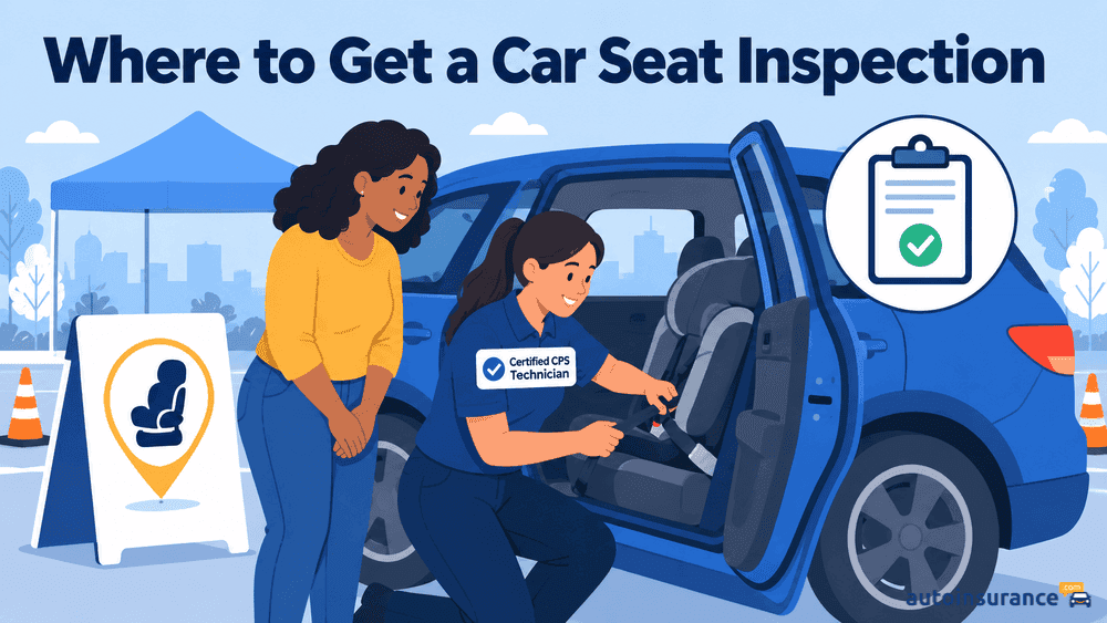 A certified child passenger safety technician demonstrates how to install a car seat while a parent watches at a community inspection event.
